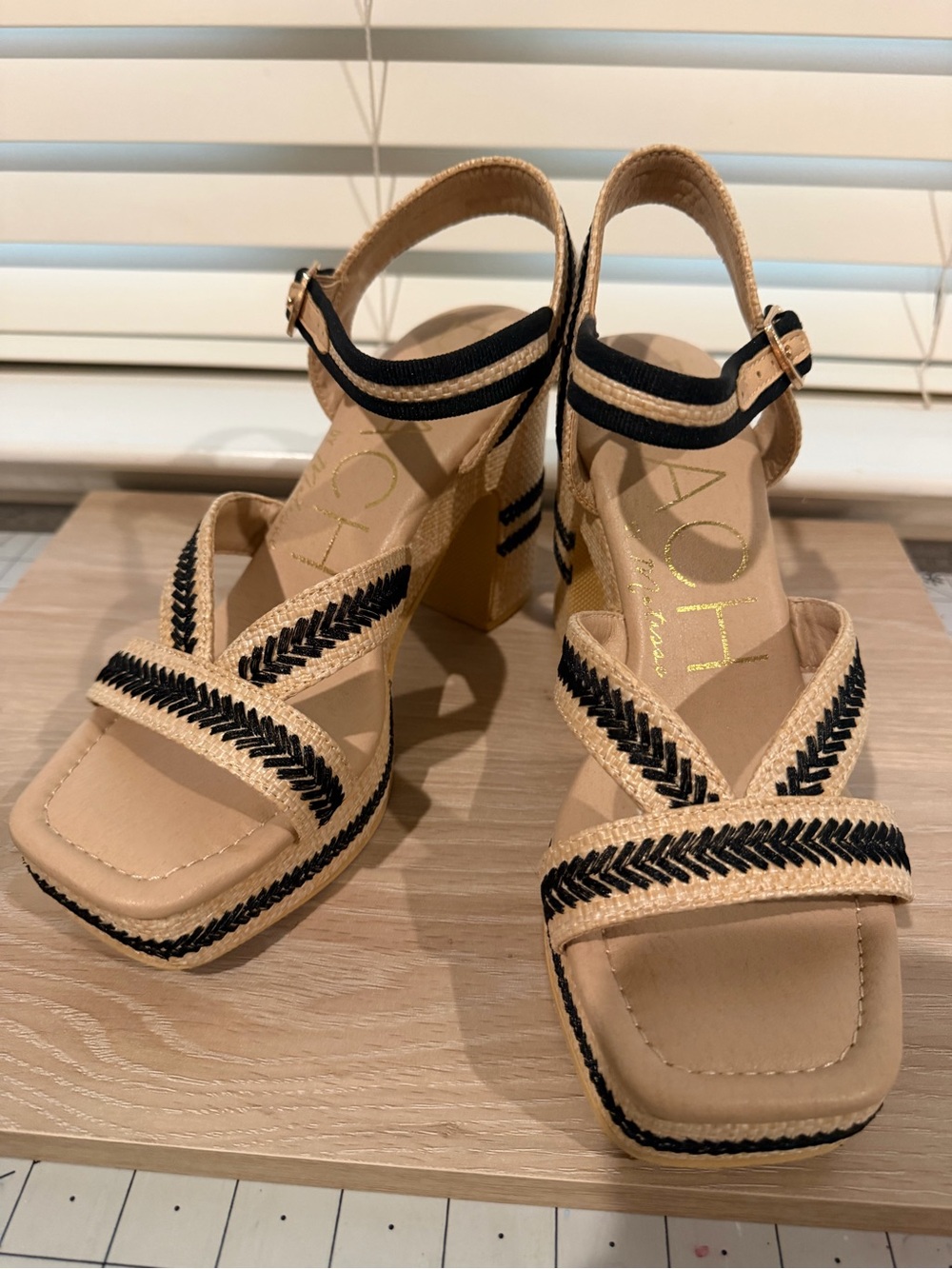 Matisse Adelaide Natural Beige and Black Braided Strap Block Heel Sandals